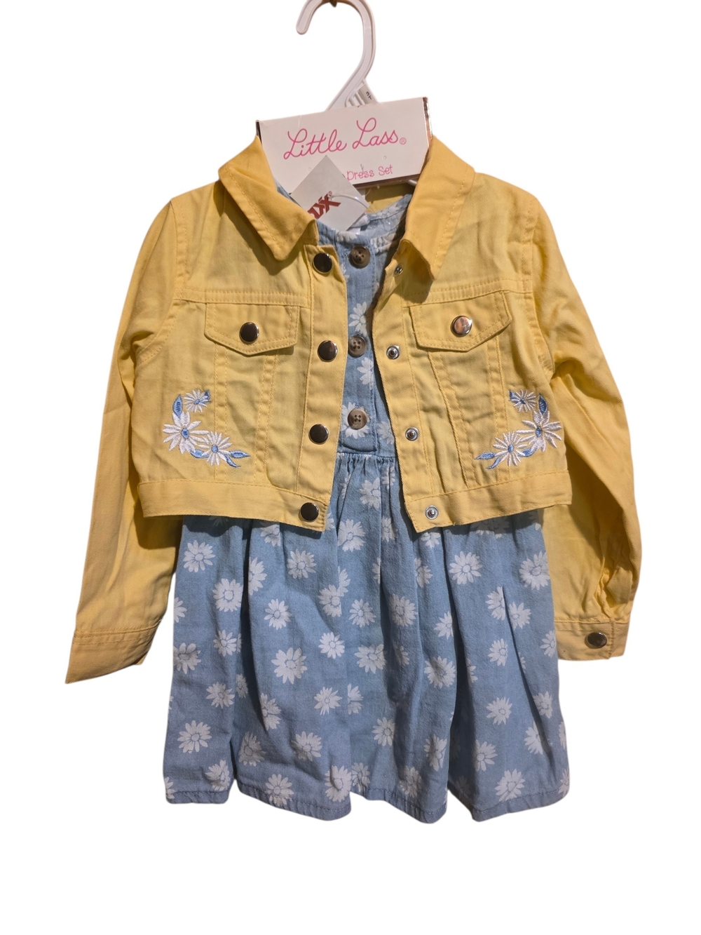 Little Lass Yellow Embroidered Girls' Jacket - Floral Dress Set